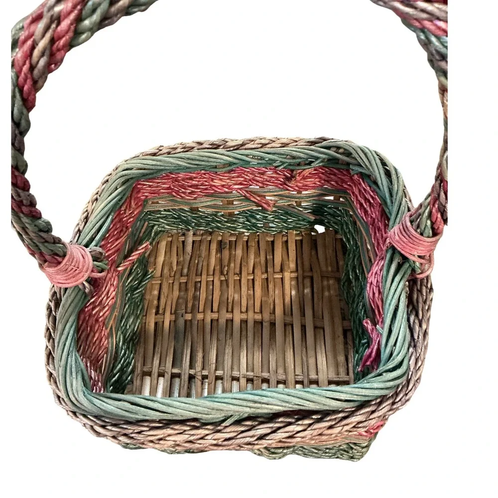 Vintage Woven Wicker Basket Square Multi Color Green Pink Brown 15x11x11
